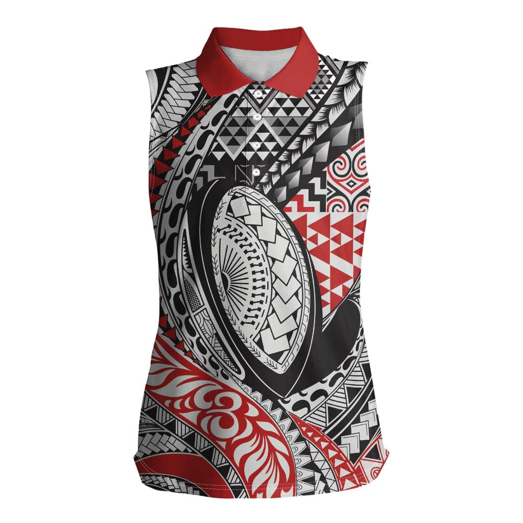 Aotearoa Maori Rugby Tribal Tattoo Women Sleeveless Polo Shirt Kowhaiwhai Taniko Patchwork Motifs LT9 Female Red - Polynesian Pride