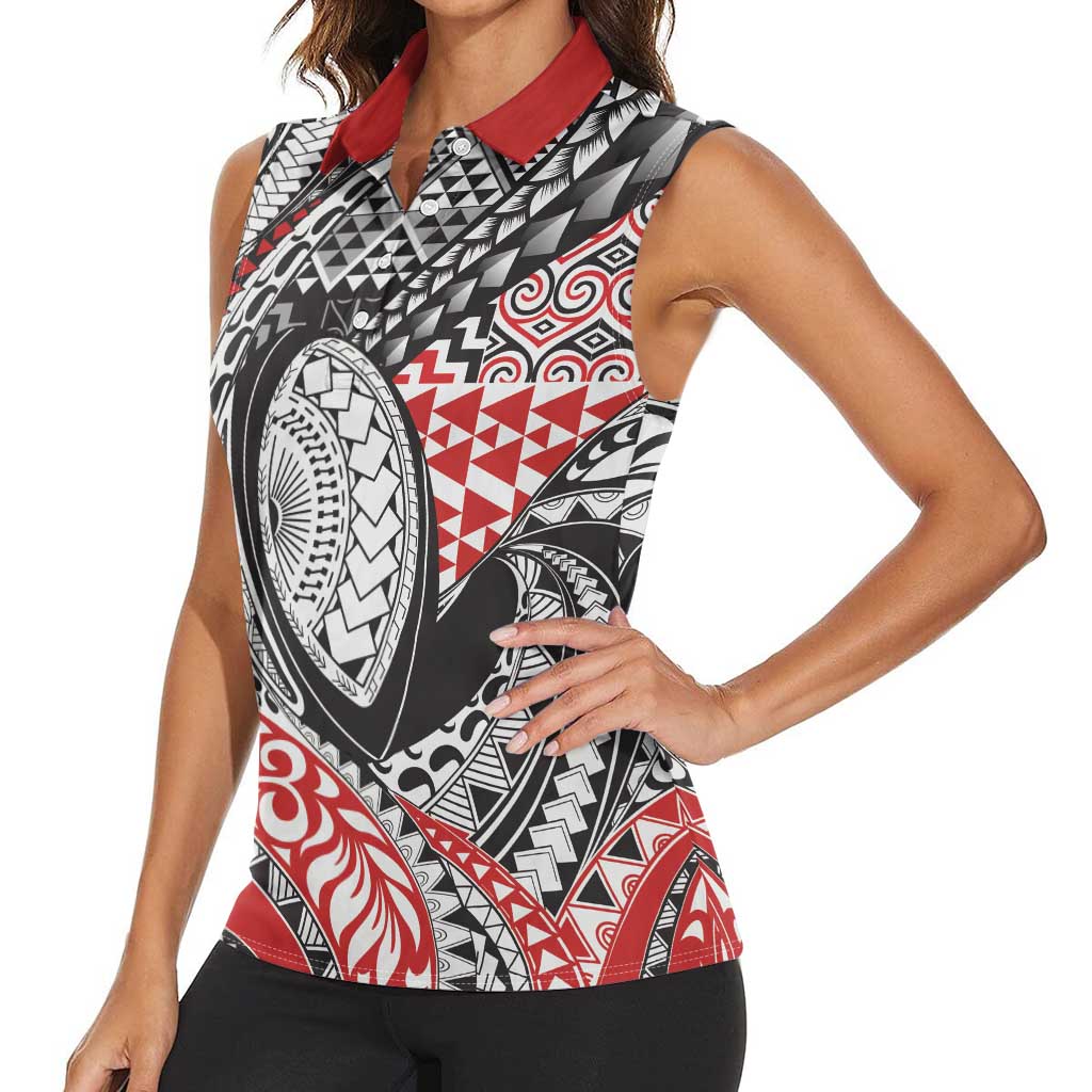Aotearoa Maori Rugby Tribal Tattoo Women Sleeveless Polo Shirt Kowhaiwhai Taniko Patchwork Motifs LT9 - Polynesian Pride