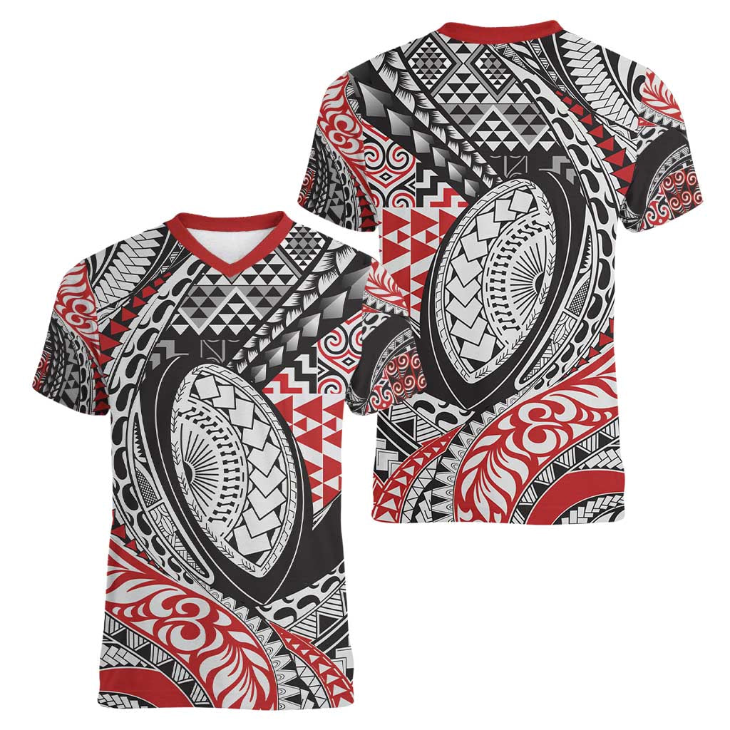 Aotearoa Maori Rugby Tribal Tattoo Women V-Neck T-Shirt Kowhaiwhai Taniko Patchwork Motifs LT9 - Polynesian Pride