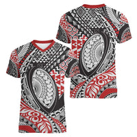 Aotearoa Maori Rugby Tribal Tattoo Women V-Neck T-Shirt Kowhaiwhai Taniko Patchwork Motifs LT9 - Polynesian Pride