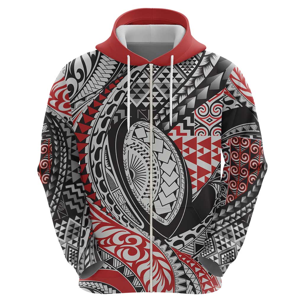 Aotearoa Maori Rugby Tribal Tattoo Zip Hoodie Kowhaiwhai Taniko Patchwork Motifs LT9 - Polynesian Pride