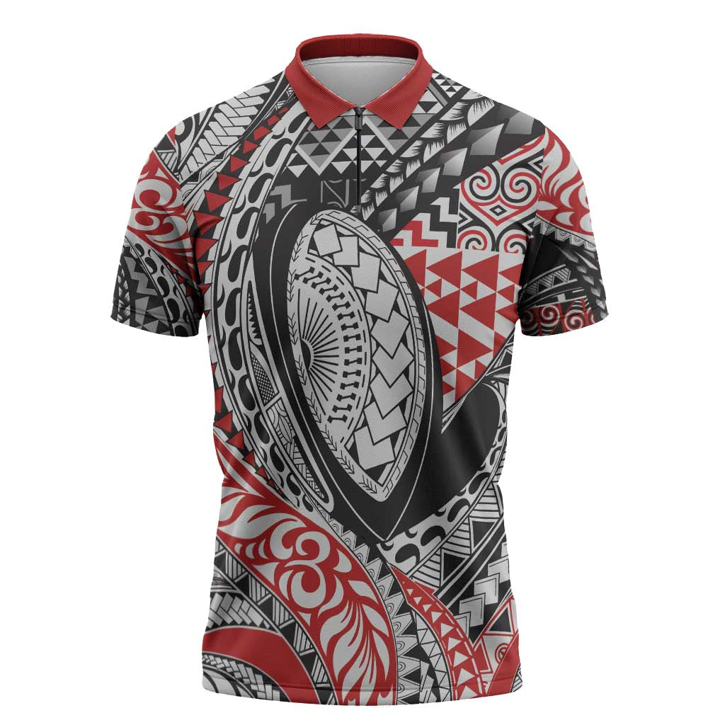 Aotearoa Maori Rugby Tribal Tattoo Zipper Polo Shirt Kowhaiwhai Taniko Patchwork Motifs LT9 Red - Polynesian Pride