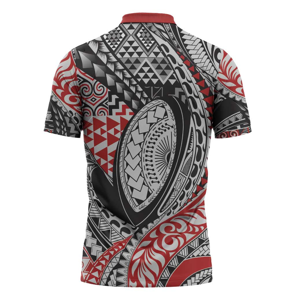 Aotearoa Maori Rugby Tribal Tattoo Zipper Polo Shirt Kowhaiwhai Taniko Patchwork Motifs LT9 - Polynesian Pride