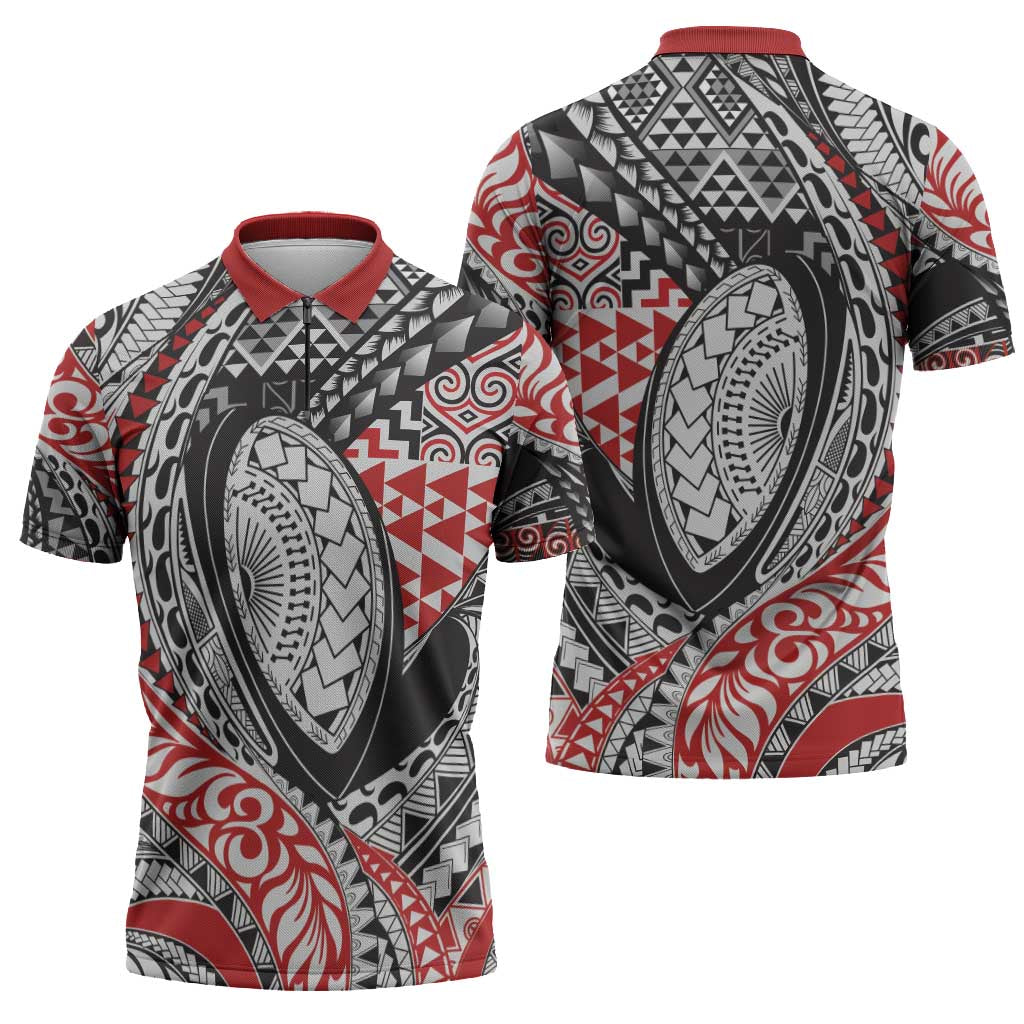 Aotearoa Maori Rugby Tribal Tattoo Zipper Polo Shirt Kowhaiwhai Taniko Patchwork Motifs LT9 - Polynesian Pride