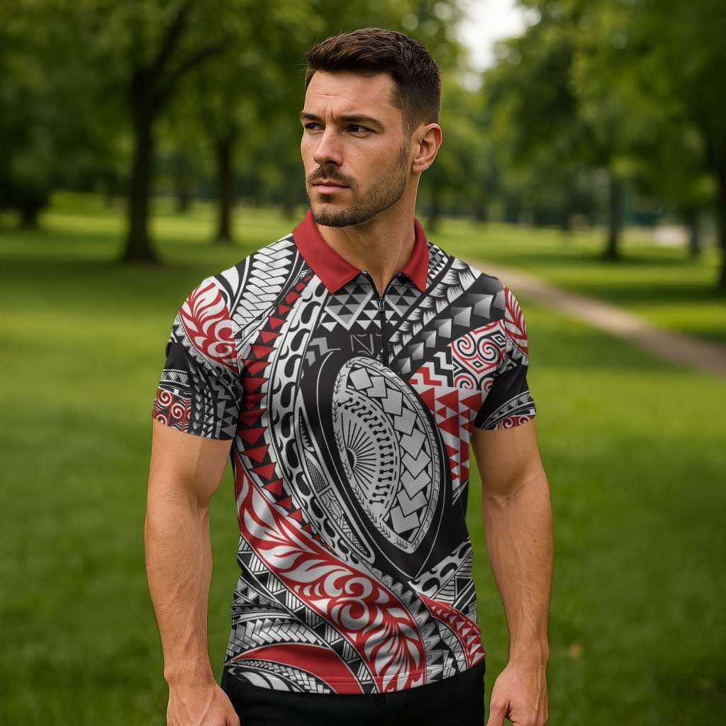 Aotearoa Maori Rugby Tribal Tattoo Zipper Polo Shirt Kowhaiwhai Taniko Patchwork Motifs LT9 - Polynesian Pride