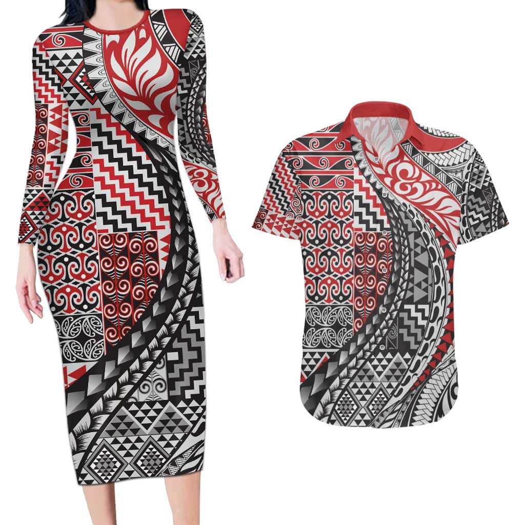 Aotearoa Maori Tribal Tattoo Couples Matching Long Sleeve Bodycon Dress and Hawaiian Shirt Kowhaiwhai Taniko Patchwork Motifs LT9 Red - Polynesian Pride