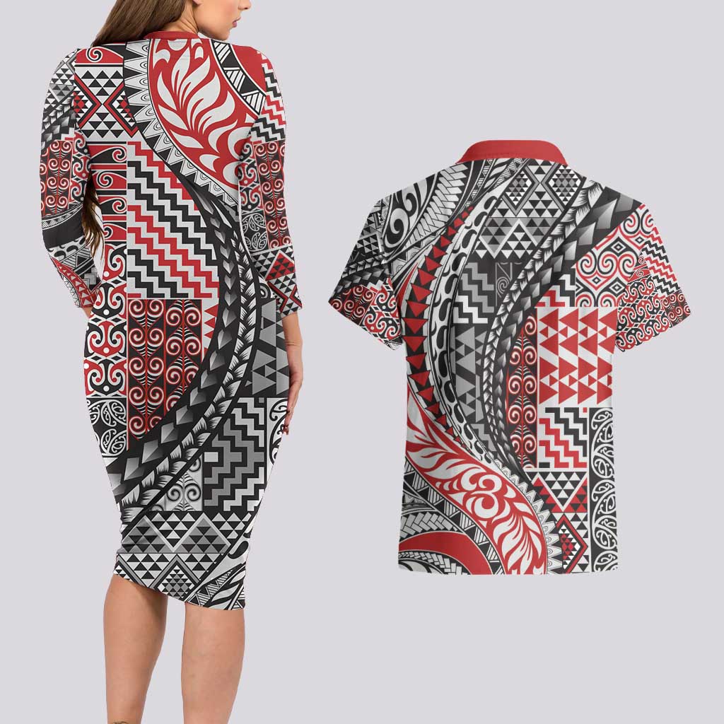 Aotearoa Maori Tribal Tattoo Couples Matching Long Sleeve Bodycon Dress and Hawaiian Shirt Kowhaiwhai Taniko Patchwork Motifs LT9 - Polynesian Pride