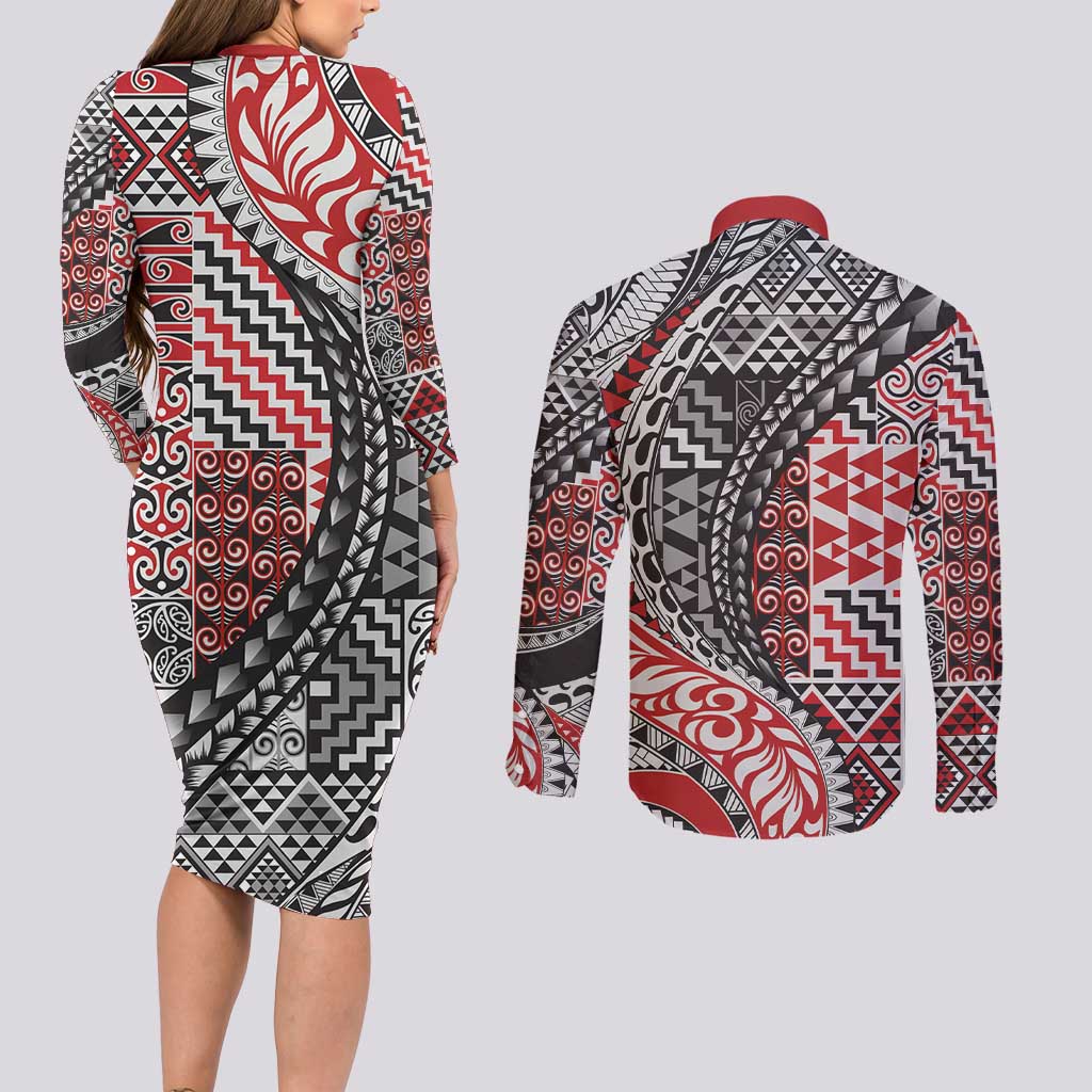 Aotearoa Maori Tribal Tattoo Couples Matching Long Sleeve Bodycon Dress and Long Sleeve Button Shirt Kowhaiwhai Taniko Patchwork Motifs LT9 - Polynesian Pride