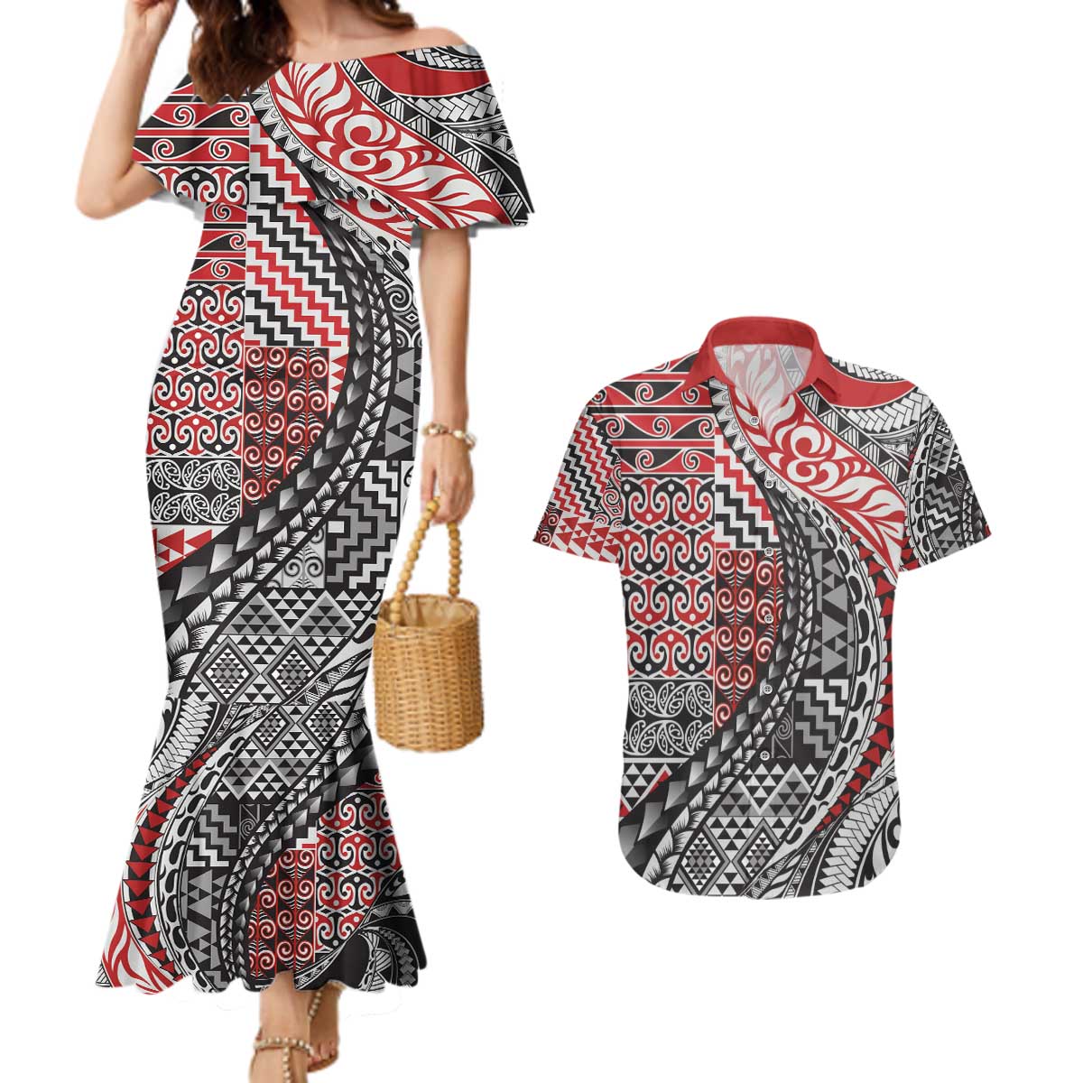Aotearoa Maori Tribal Tattoo Couples Matching Mermaid Dress and Hawaiian Shirt Kowhaiwhai Taniko Patchwork Motifs LT9 Red - Polynesian Pride