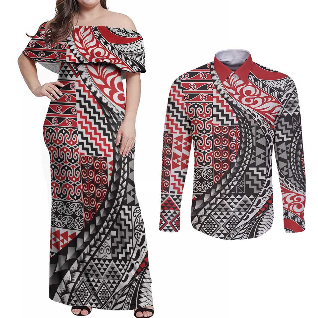 Aotearoa Maori Tribal Tattoo Couples Matching Off Shoulder Maxi Dress and Long Sleeve Button Shirt Kowhaiwhai Taniko Patchwork Motifs LT9 Red - Polynesian Pride