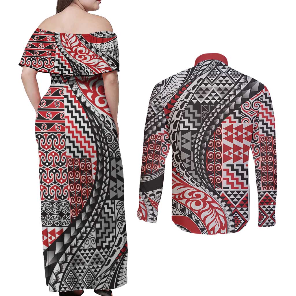 Aotearoa Maori Tribal Tattoo Couples Matching Off Shoulder Maxi Dress and Long Sleeve Button Shirt Kowhaiwhai Taniko Patchwork Motifs LT9 - Polynesian Pride
