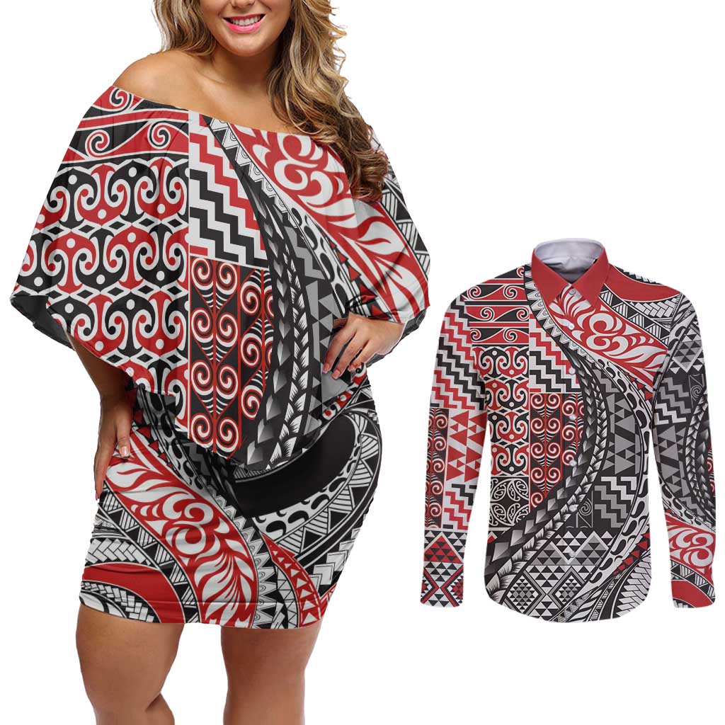 Aotearoa Maori Tribal Tattoo Couples Matching Off Shoulder Short Dress and Long Sleeve Button Shirt Kowhaiwhai Taniko Patchwork Motifs LT9 Red - Polynesian Pride
