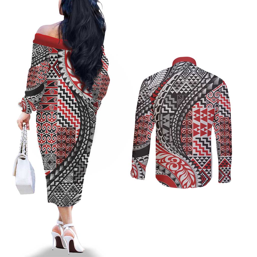 Aotearoa Maori Tribal Tattoo Couples Matching Off The Shoulder Long Sleeve Dress and Long Sleeve Button Shirt Kowhaiwhai Taniko Patchwork Motifs LT9 - Polynesian Pride