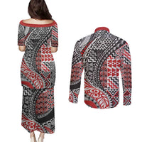 Aotearoa Maori Tribal Tattoo Couples Matching Puletasi and Long Sleeve Button Shirt Kowhaiwhai Taniko Patchwork Motifs LT9 - Polynesian Pride