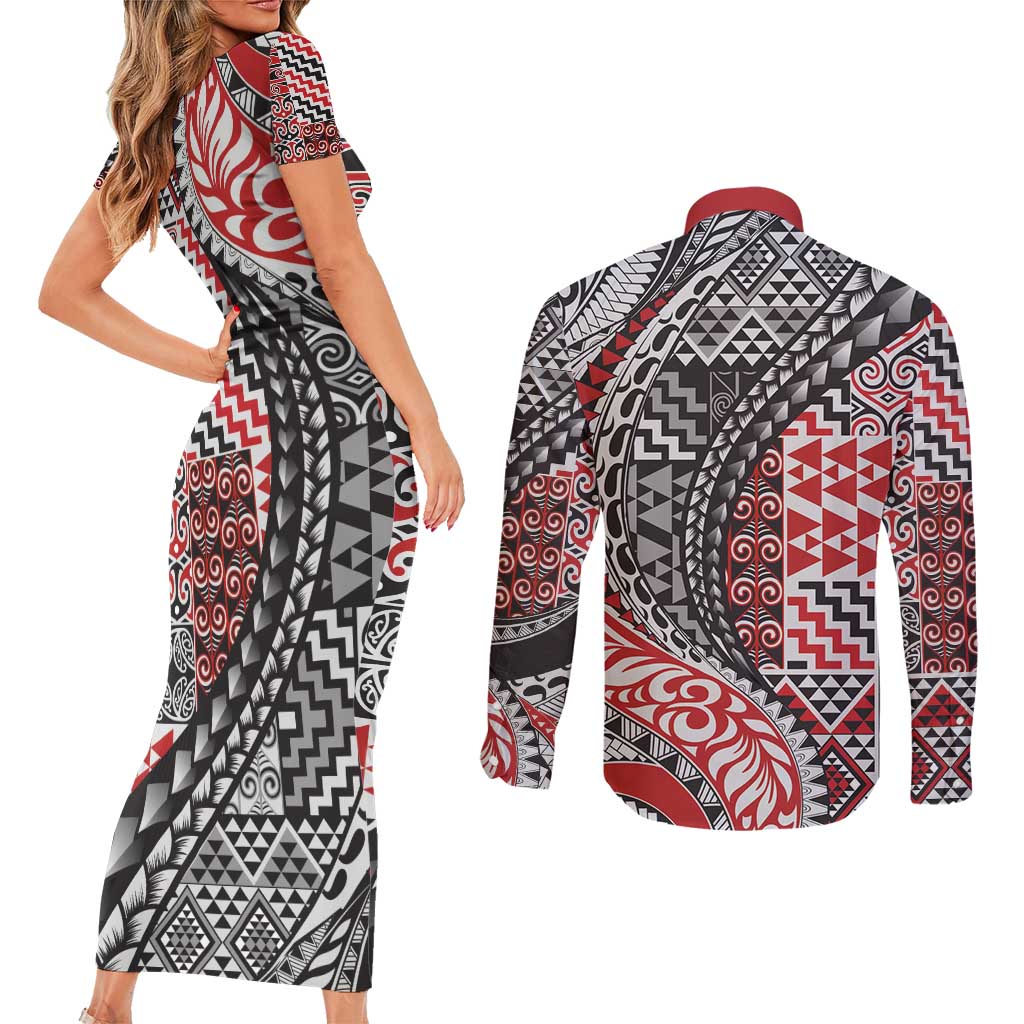 Aotearoa Maori Tribal Tattoo Couples Matching Short Sleeve Bodycon Dress and Long Sleeve Button Shirt Kowhaiwhai Taniko Patchwork Motifs LT9 - Polynesian Pride