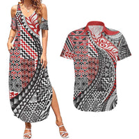 Aotearoa Maori Tribal Tattoo Couples Matching Summer Maxi Dress and Hawaiian Shirt Kowhaiwhai Taniko Patchwork Motifs LT9 Red - Polynesian Pride