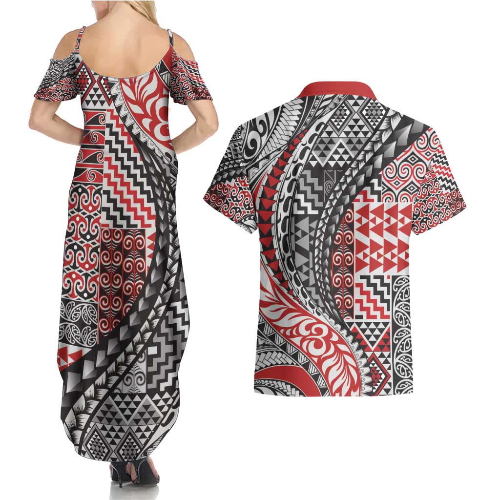 Aotearoa Maori Tribal Tattoo Couples Matching Summer Maxi Dress and Hawaiian Shirt Kowhaiwhai Taniko Patchwork Motifs LT9 - Polynesian Pride
