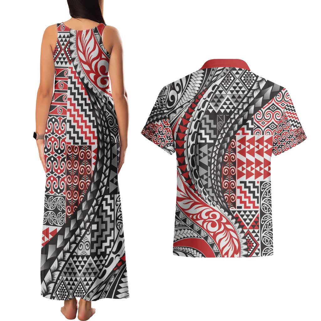 Aotearoa Maori Tribal Tattoo Couples Matching Tank Maxi Dress and Hawaiian Shirt Kowhaiwhai Taniko Patchwork Motifs LT9 - Polynesian Pride