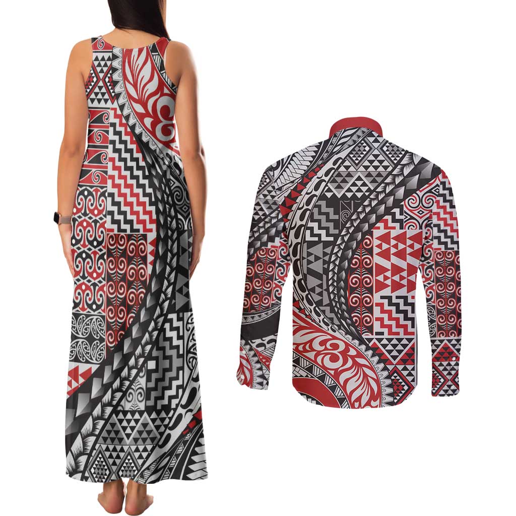Aotearoa Maori Tribal Tattoo Couples Matching Tank Maxi Dress and Long Sleeve Button Shirt Kowhaiwhai Taniko Patchwork Motifs LT9 - Polynesian Pride