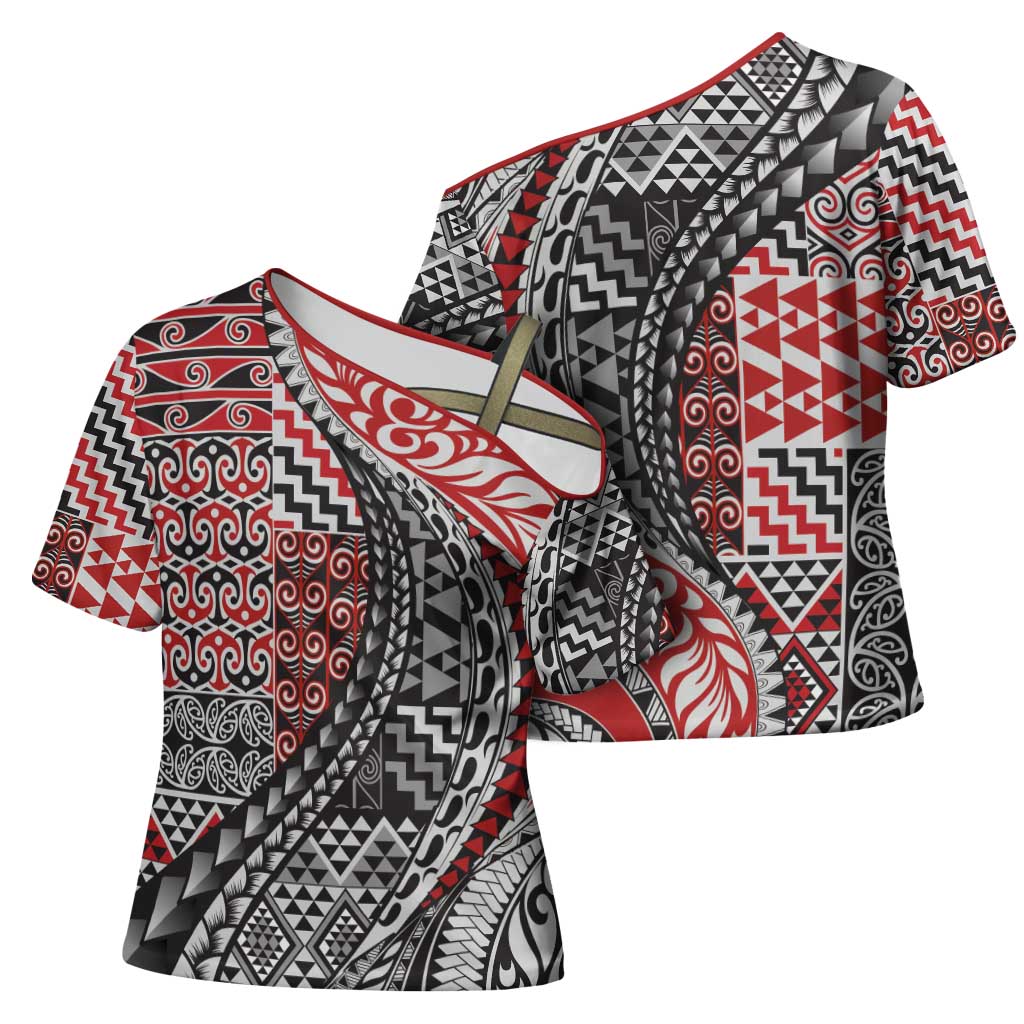 Aotearoa Maori Tribal Tattoo Cross Shoulder Shirt Kowhaiwhai Taniko Patchwork Motifs - Polynesian Pride