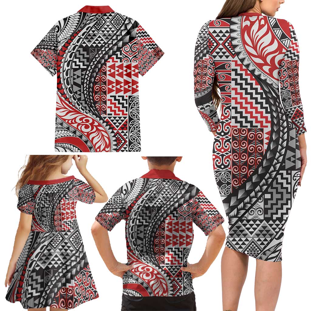 Aotearoa Maori Tribal Tattoo Family Matching Long Sleeve Bodycon Dress and Hawaiian Shirt Kowhaiwhai Taniko Patchwork Motifs LT9 - Polynesian Pride