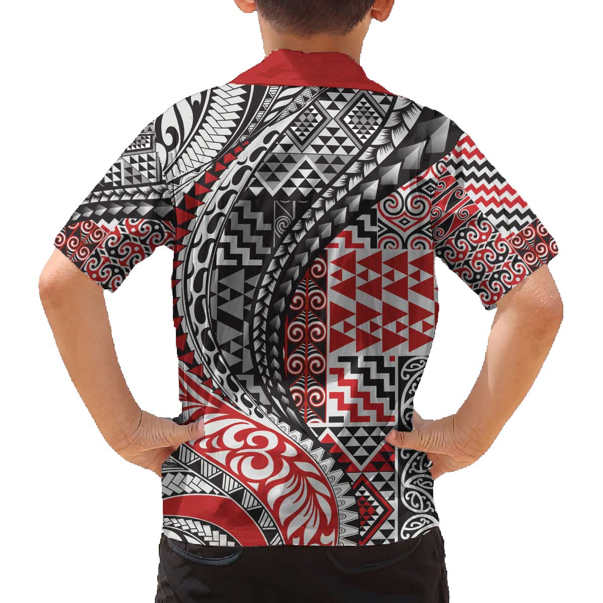 Aotearoa Maori Tribal Tattoo Family Matching Off The Shoulder Long Sleeve Dress and Hawaiian Shirt Kowhaiwhai Taniko Patchwork Motifs LT9 - Polynesian Pride