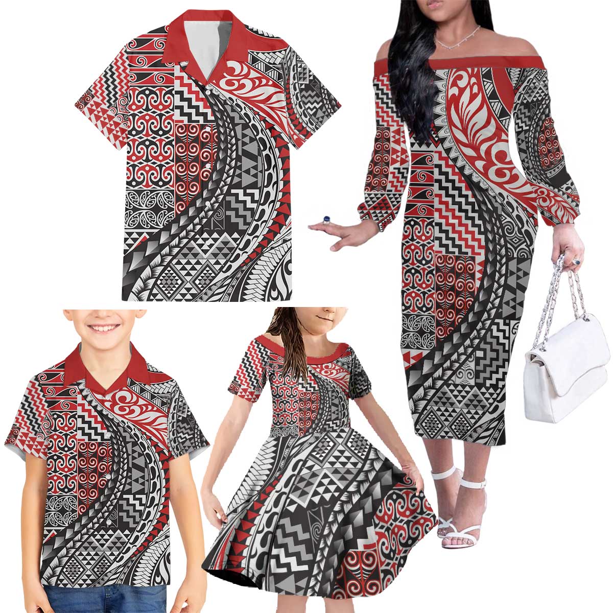 Aotearoa Maori Tribal Tattoo Family Matching Off The Shoulder Long Sleeve Dress and Hawaiian Shirt Kowhaiwhai Taniko Patchwork Motifs LT9 - Polynesian Pride