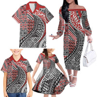 Aotearoa Maori Tribal Tattoo Family Matching Off The Shoulder Long Sleeve Dress and Hawaiian Shirt Kowhaiwhai Taniko Patchwork Motifs LT9 - Polynesian Pride