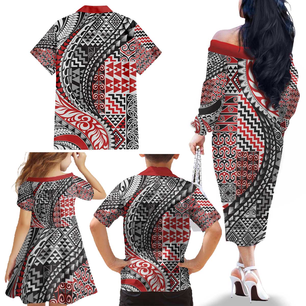 Aotearoa Maori Tribal Tattoo Family Matching Off The Shoulder Long Sleeve Dress and Hawaiian Shirt Kowhaiwhai Taniko Patchwork Motifs LT9 - Polynesian Pride