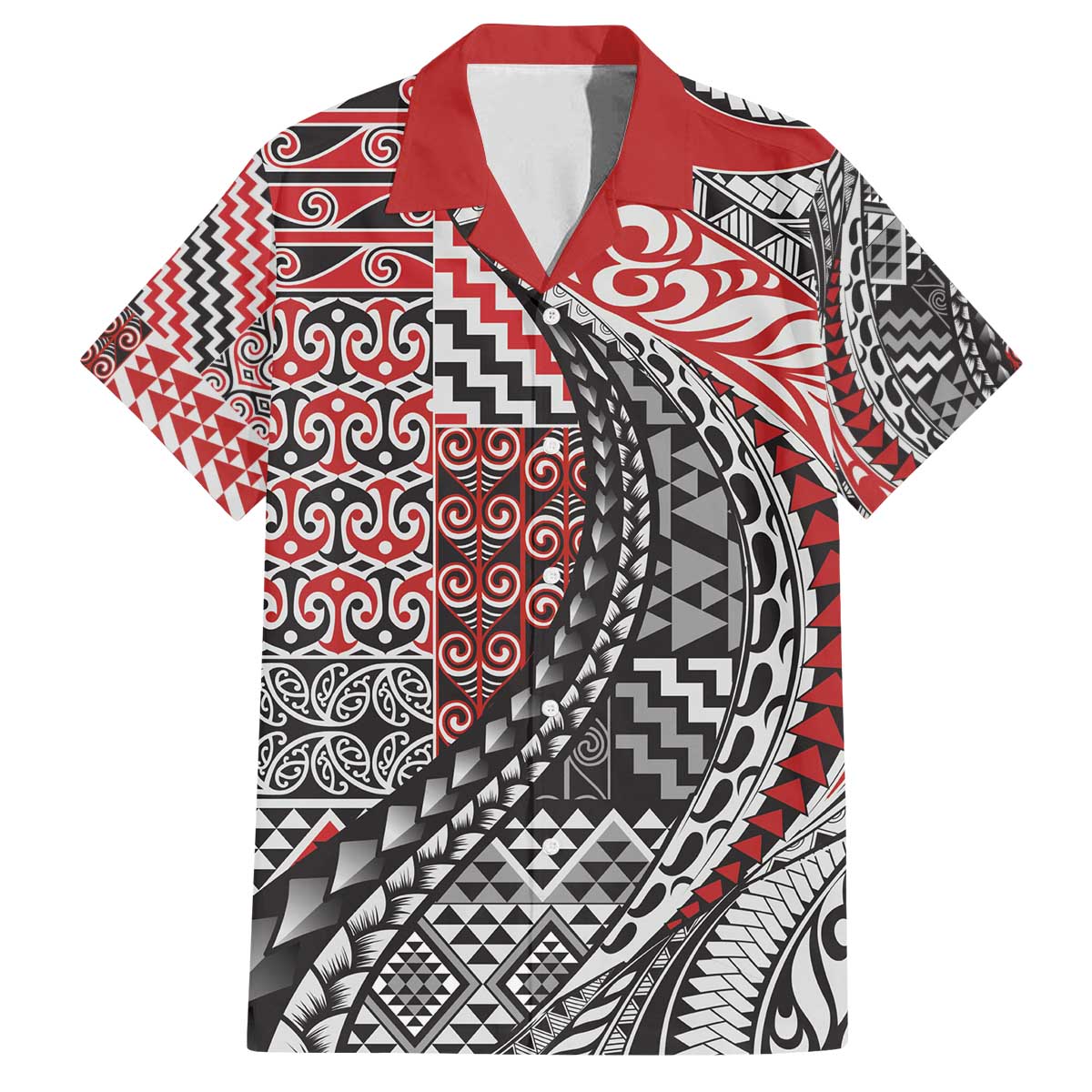 Aotearoa Maori Tribal Tattoo Family Matching Off The Shoulder Long Sleeve Dress and Hawaiian Shirt Kowhaiwhai Taniko Patchwork Motifs LT9 Dad's Shirt - Short Sleeve Red - Polynesian Pride