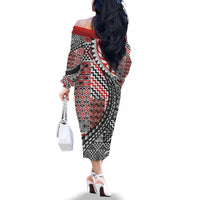 Aotearoa Maori Tribal Tattoo Family Matching Off The Shoulder Long Sleeve Dress and Hawaiian Shirt Kowhaiwhai Taniko Patchwork Motifs LT9 - Polynesian Pride