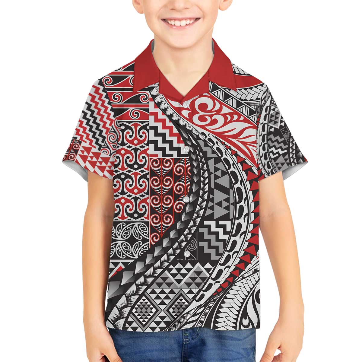 Aotearoa Maori Tribal Tattoo Family Matching Off The Shoulder Long Sleeve Dress and Hawaiian Shirt Kowhaiwhai Taniko Patchwork Motifs LT9 Son's Shirt Red - Polynesian Pride