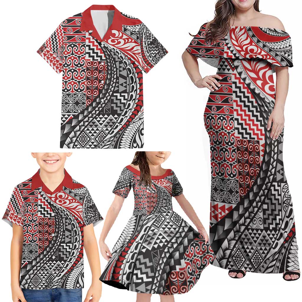 Aotearoa Maori Tribal Tattoo Family Matching Off Shoulder Maxi Dress and Hawaiian Shirt Kowhaiwhai Taniko Patchwork Motifs LT9 - Polynesian Pride
