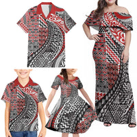 Aotearoa Maori Tribal Tattoo Family Matching Off Shoulder Maxi Dress and Hawaiian Shirt Kowhaiwhai Taniko Patchwork Motifs LT9 - Polynesian Pride