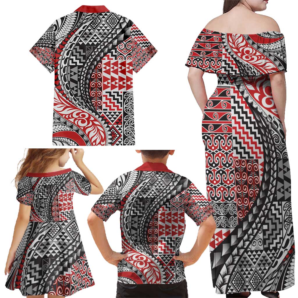 Aotearoa Maori Tribal Tattoo Family Matching Off Shoulder Maxi Dress and Hawaiian Shirt Kowhaiwhai Taniko Patchwork Motifs LT9 - Polynesian Pride