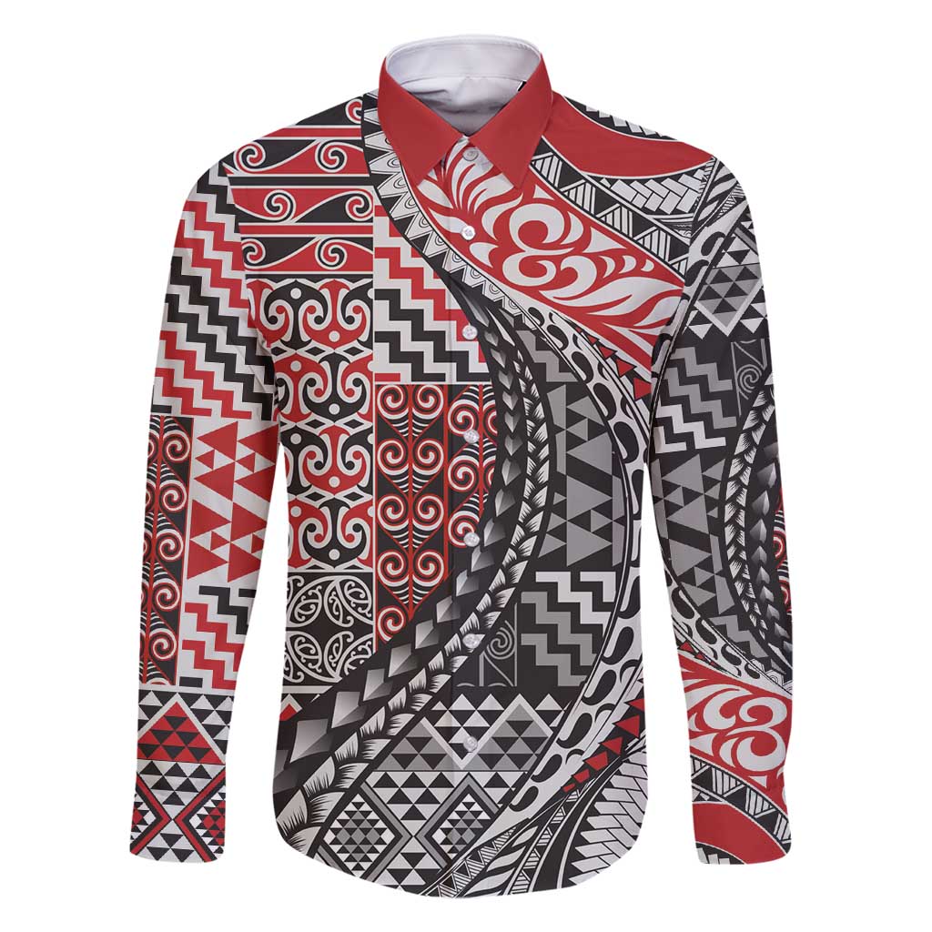 Aotearoa Maori Tribal Tattoo Family Matching Off Shoulder Maxi Dress and Hawaiian Shirt Kowhaiwhai Taniko Patchwork Motifs LT9 Dad's Shirt - Long Sleeve Red - Polynesian Pride