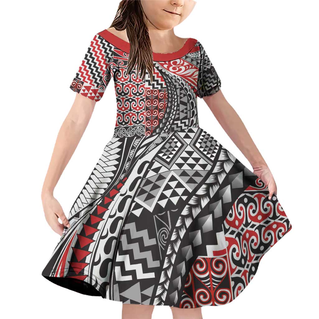 Aotearoa Maori Tribal Tattoo Family Matching Off Shoulder Short Dress and Hawaiian Shirt Kowhaiwhai Taniko Patchwork Motifs LT9 Daughter's Dress Red - Polynesian Pride