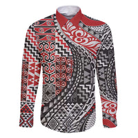 Aotearoa Maori Tribal Tattoo Family Matching Off Shoulder Short Dress and Hawaiian Shirt Kowhaiwhai Taniko Patchwork Motifs LT9 Dad's Shirt - Long Sleeve Red - Polynesian Pride