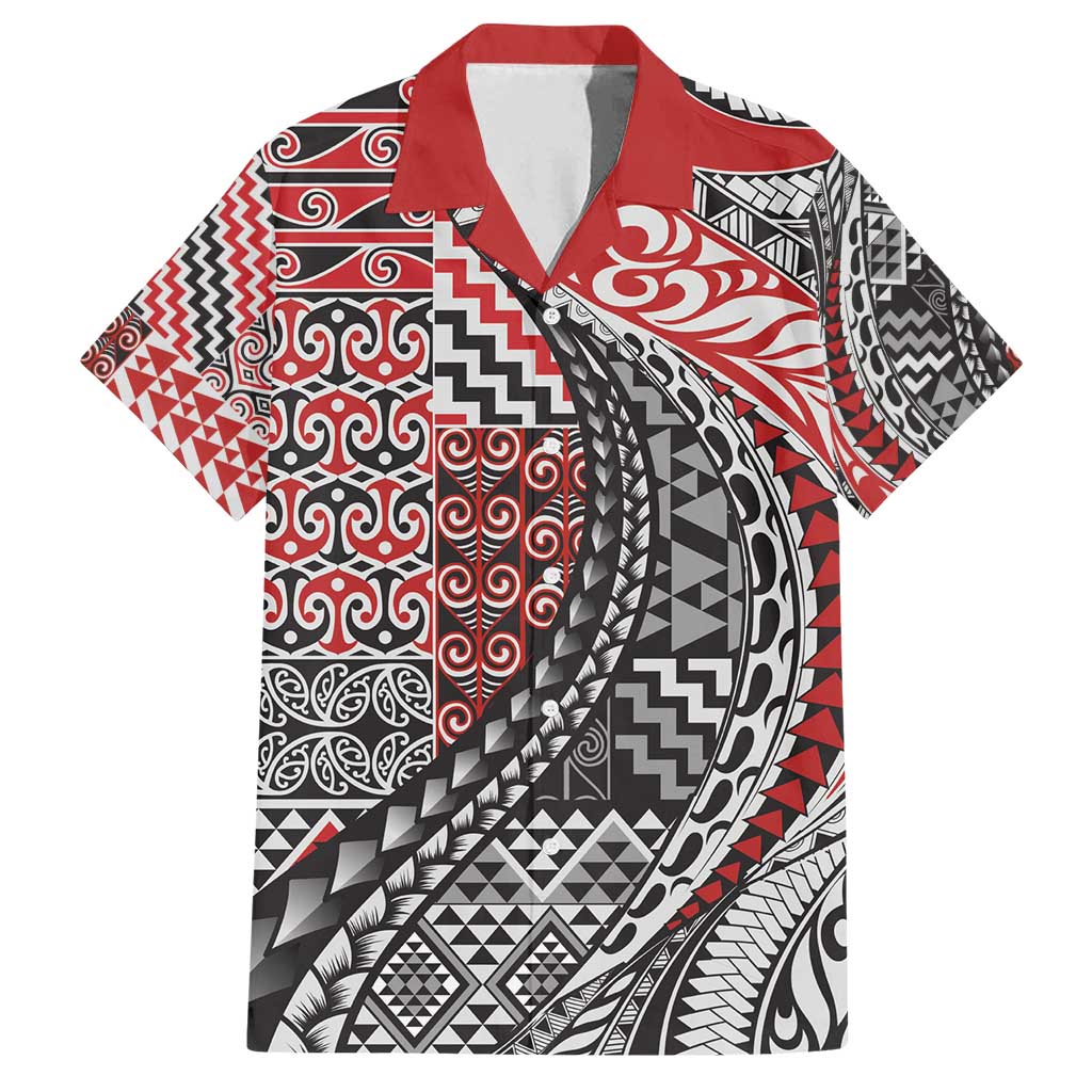 Aotearoa Maori Tribal Tattoo Family Matching Puletasi and Hawaiian Shirt Kowhaiwhai Taniko Patchwork Motifs LT9 Dad's Shirt - Short Sleeve Red - Polynesian Pride