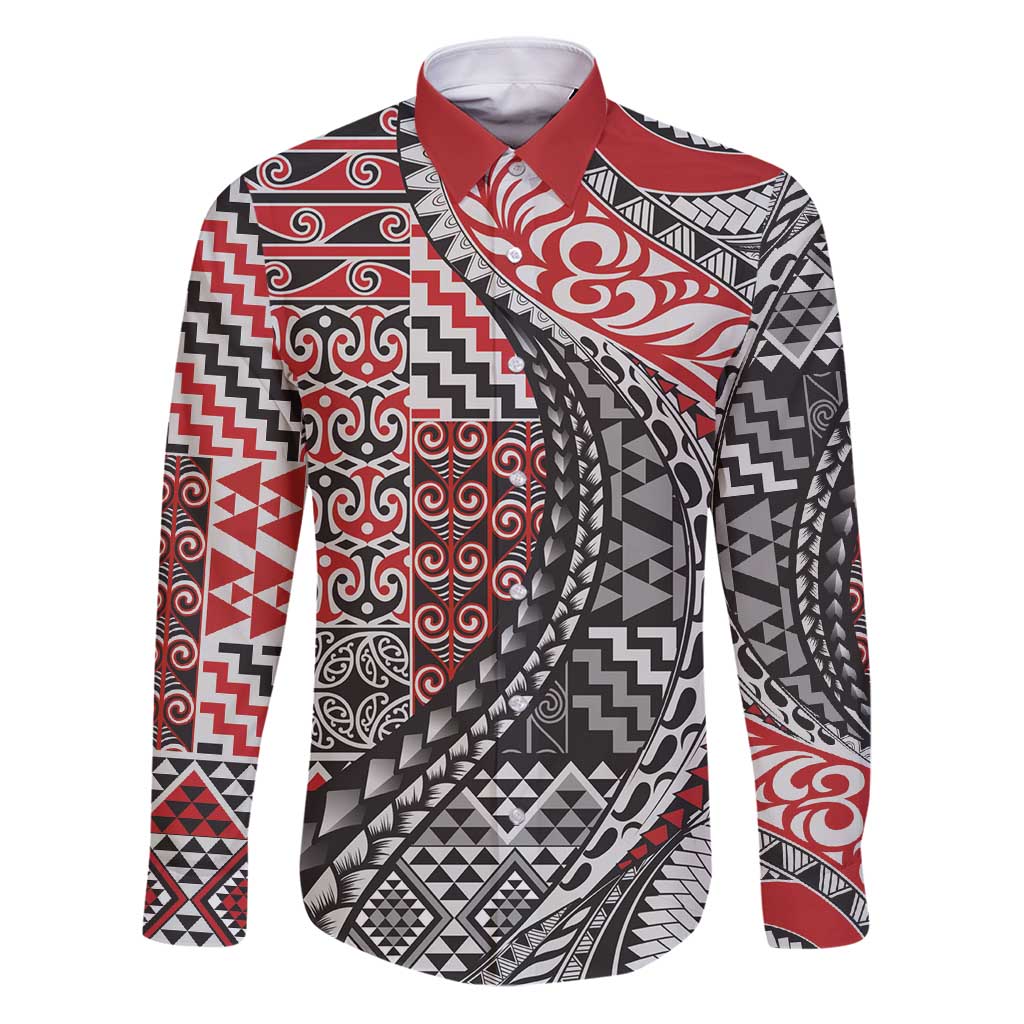 Aotearoa Maori Tribal Tattoo Family Matching Puletasi and Hawaiian Shirt Kowhaiwhai Taniko Patchwork Motifs LT9 Dad's Shirt - Long Sleeve Red - Polynesian Pride