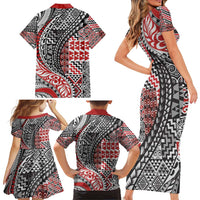 Aotearoa Maori Tribal Tattoo Family Matching Short Sleeve Bodycon Dress and Hawaiian Shirt Kowhaiwhai Taniko Patchwork Motifs LT9 - Polynesian Pride