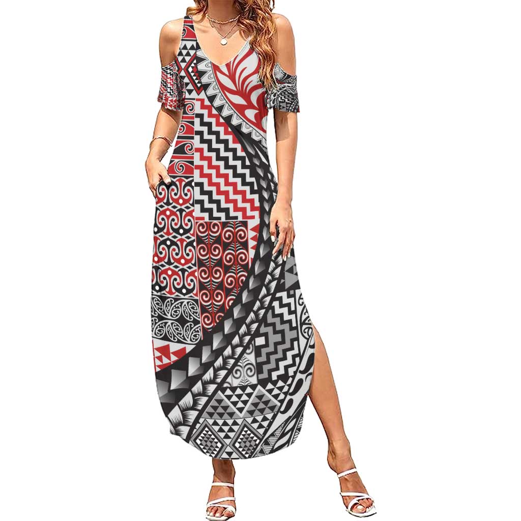 Aotearoa Maori Tribal Tattoo Family Matching Summer Maxi Dress and Hawaiian Shirt Kowhaiwhai Taniko Patchwork Motifs LT9 Mom's Dress Red - Polynesian Pride