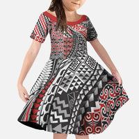 Aotearoa Maori Tribal Tattoo Family Matching Tank Maxi Dress and Hawaiian Shirt Kowhaiwhai Taniko Patchwork Motifs LT9 Daughter's Dress Red - Polynesian Pride