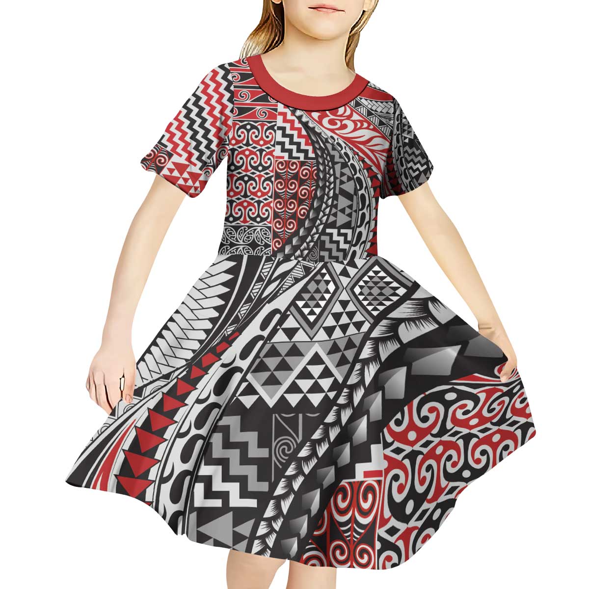 Aotearoa Maori Tribal Tattoo Kid Short Sleeve Dress Kowhaiwhai Taniko Patchwork Motifs LT9 - Polynesian Pride