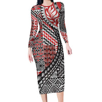Aotearoa Maori Tribal Tattoo Long Sleeve Bodycon Dress Kowhaiwhai Taniko Patchwork Motifs LT9 Long Dress Red - Polynesian Pride