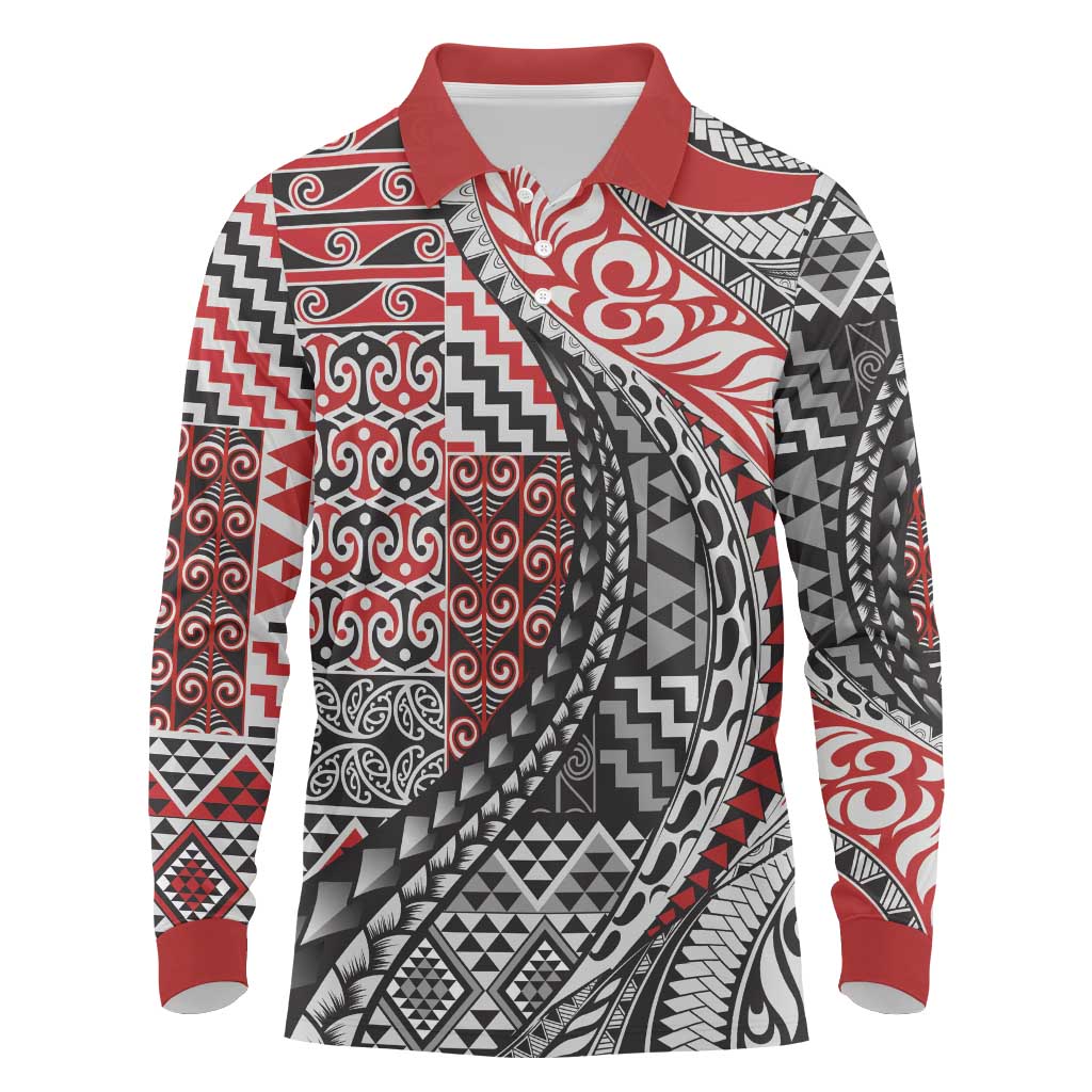 Aotearoa Maori Tribal Tattoo Long Sleeve Polo Shirt Kowhaiwhai Taniko Patchwork Motifs LT9 Red - Polynesian Pride