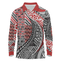 Aotearoa Maori Tribal Tattoo Long Sleeve Polo Shirt Kowhaiwhai Taniko Patchwork Motifs LT9 Red - Polynesian Pride