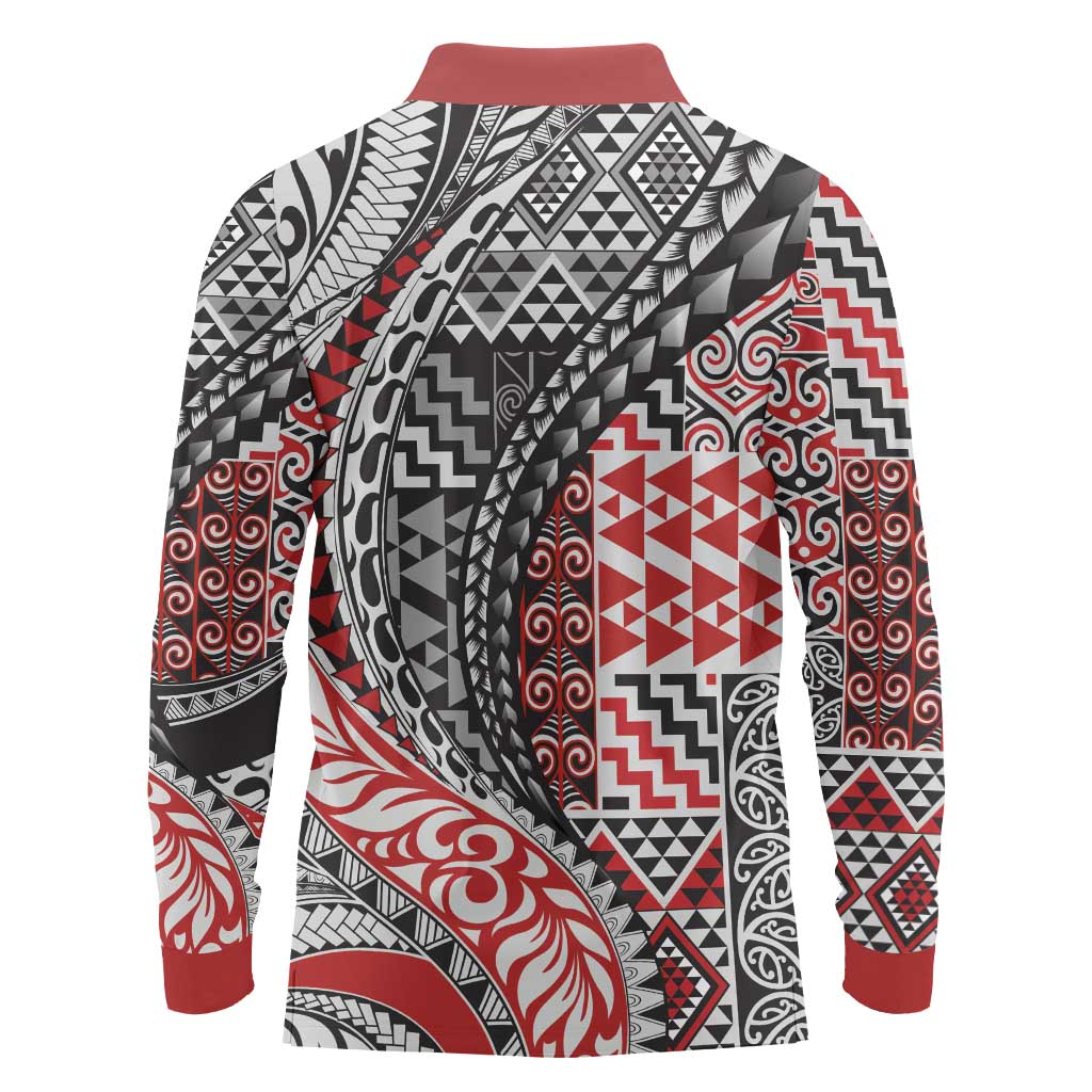 Aotearoa Maori Tribal Tattoo Long Sleeve Polo Shirt Kowhaiwhai Taniko Patchwork Motifs LT9 - Polynesian Pride