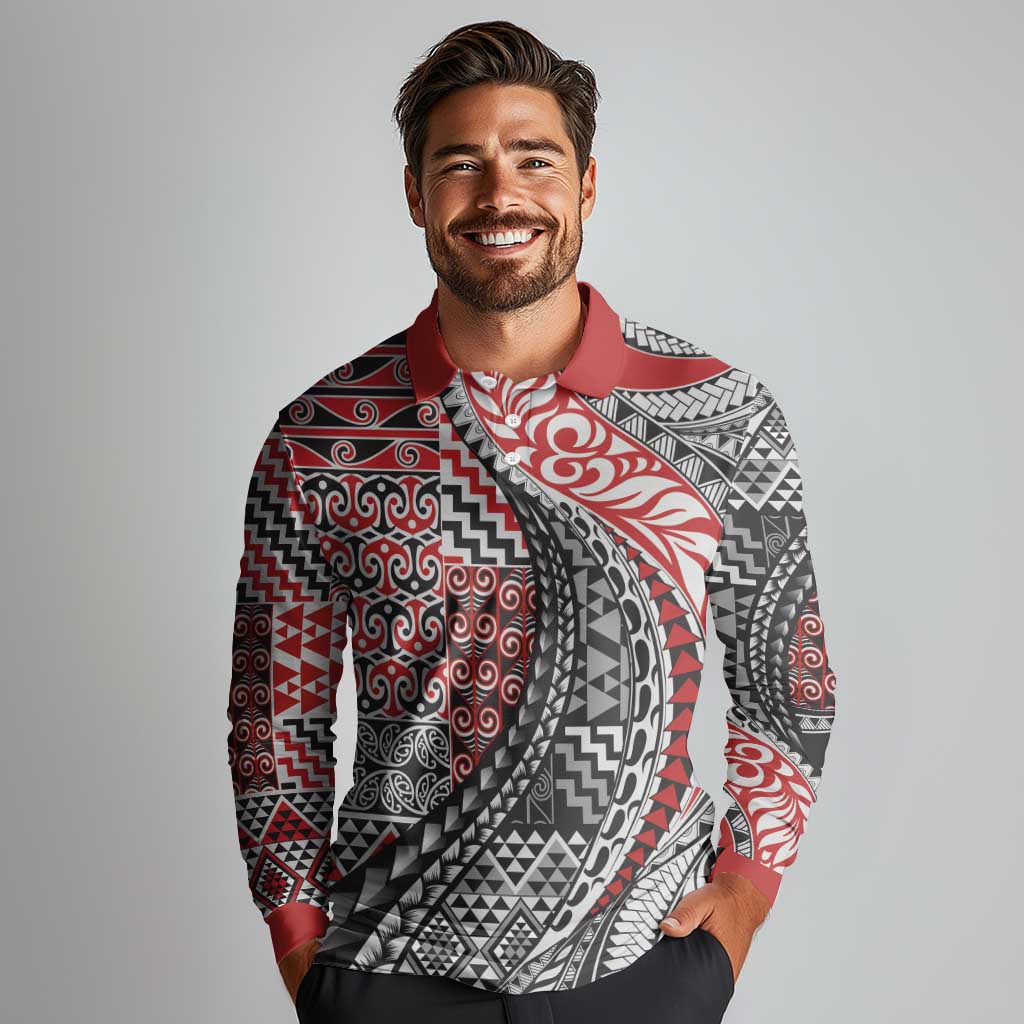 Aotearoa Maori Tribal Tattoo Long Sleeve Polo Shirt Kowhaiwhai Taniko Patchwork Motifs LT9 - Polynesian Pride