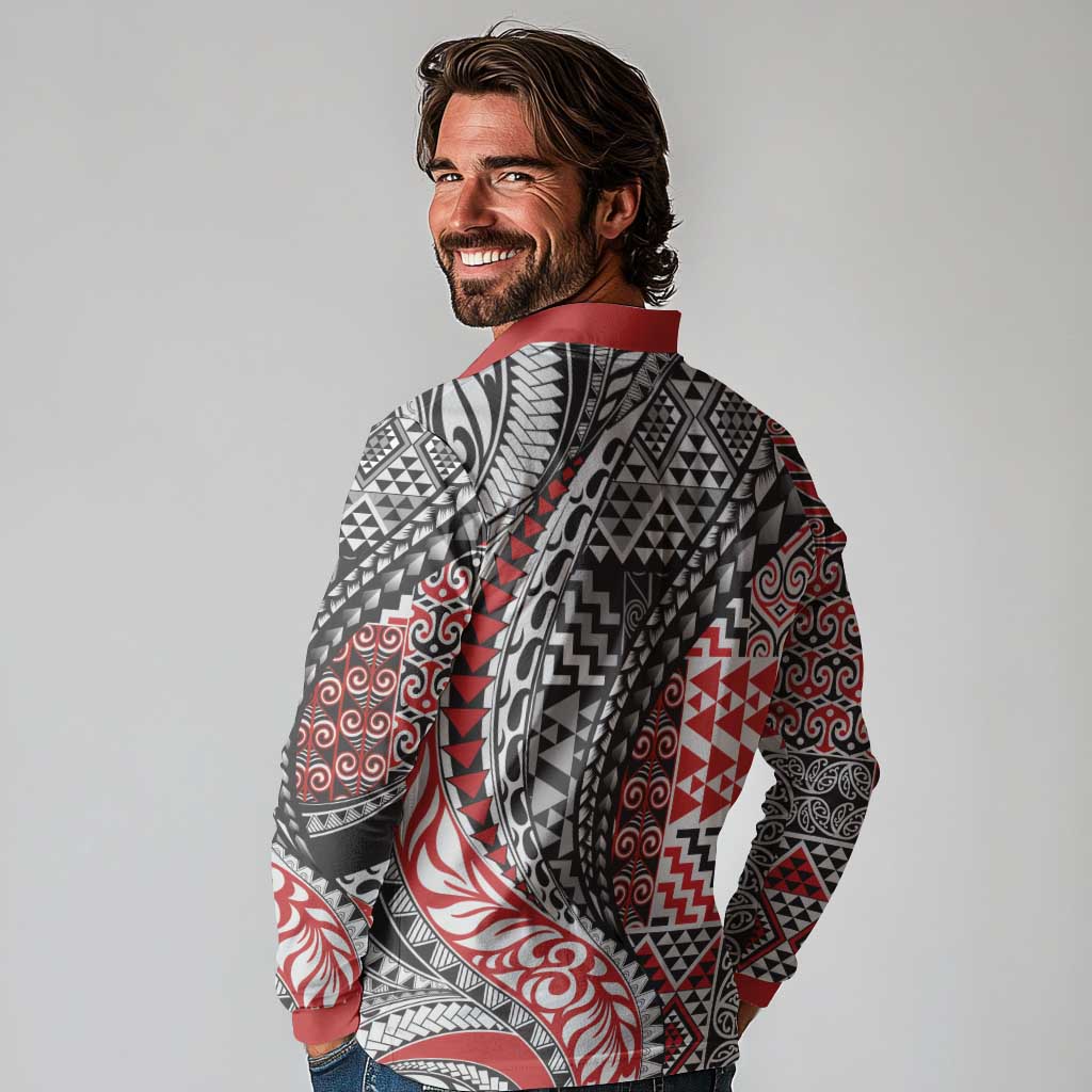 Aotearoa Maori Tribal Tattoo Long Sleeve Polo Shirt Kowhaiwhai Taniko Patchwork Motifs LT9 - Polynesian Pride